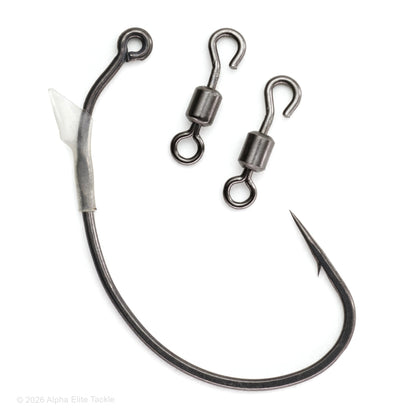 Fishing hook with wire and two swivel connectors on a white background