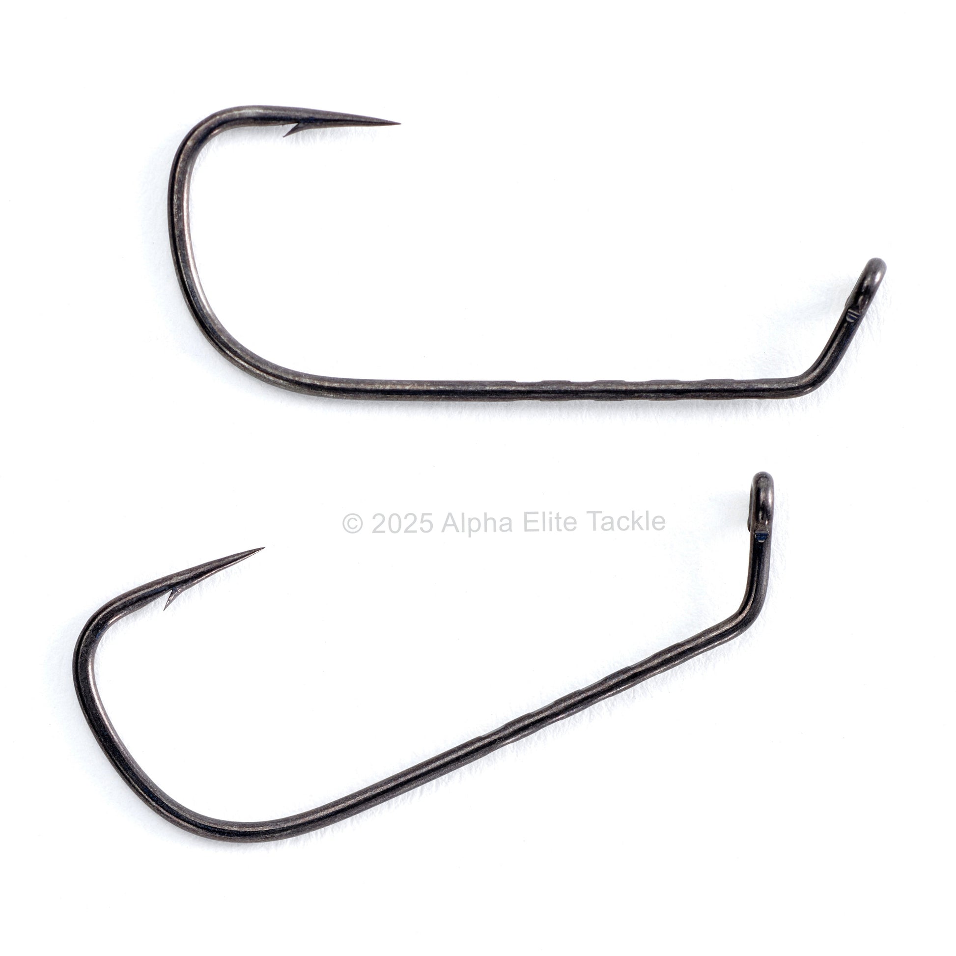 Close up of two Decoy Jig 53F  60 Limerick-F Strolling Hooks on white background
