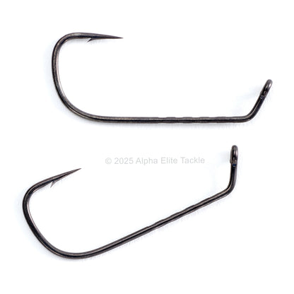Close up of two Decoy Jig 53F  60 Limerick-F Strolling Hooks on white background