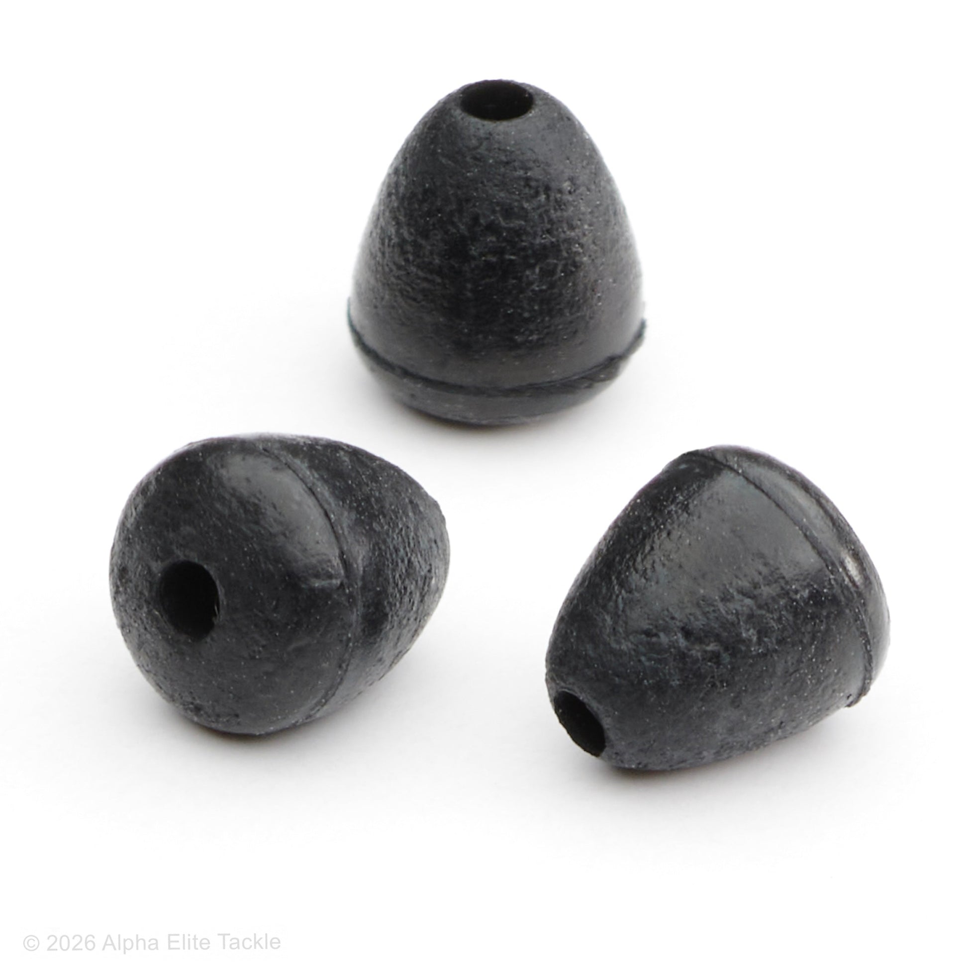 Three black rubber fishing stoppers on a white background