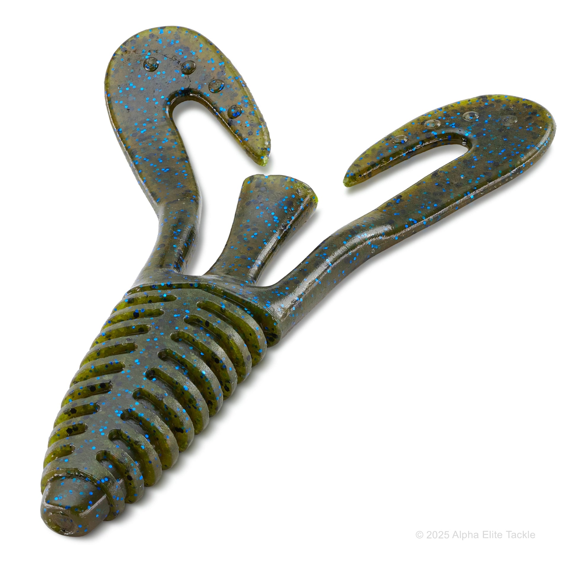 Deps barbute Craw soft plastic bait in the color Green Pumpkin Blue Flake on a white background