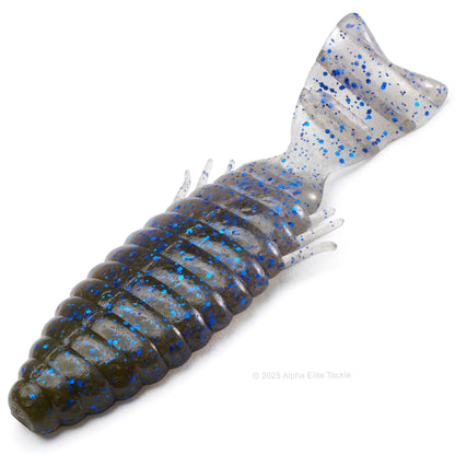 Close up of the Deps Bull Flat Creature Bait in the color Green Pumpkin Blue Flake Smoke on a white background