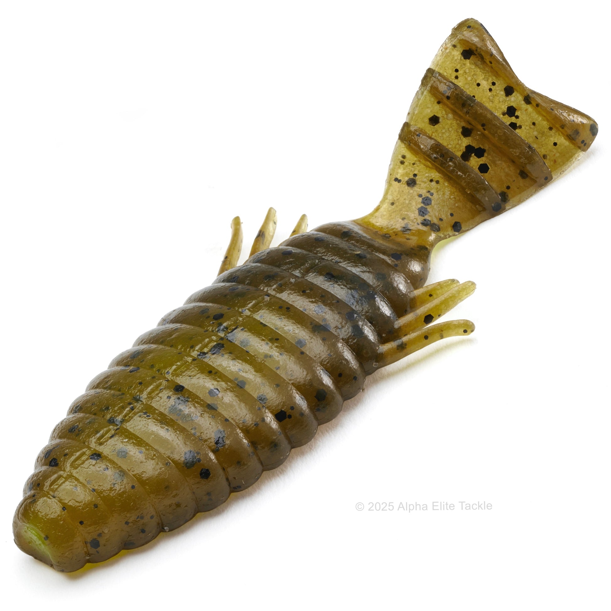 Close up of the Deps Bull Flat Creature Bait in the color Green Pumpkin Chartreuse on a white background