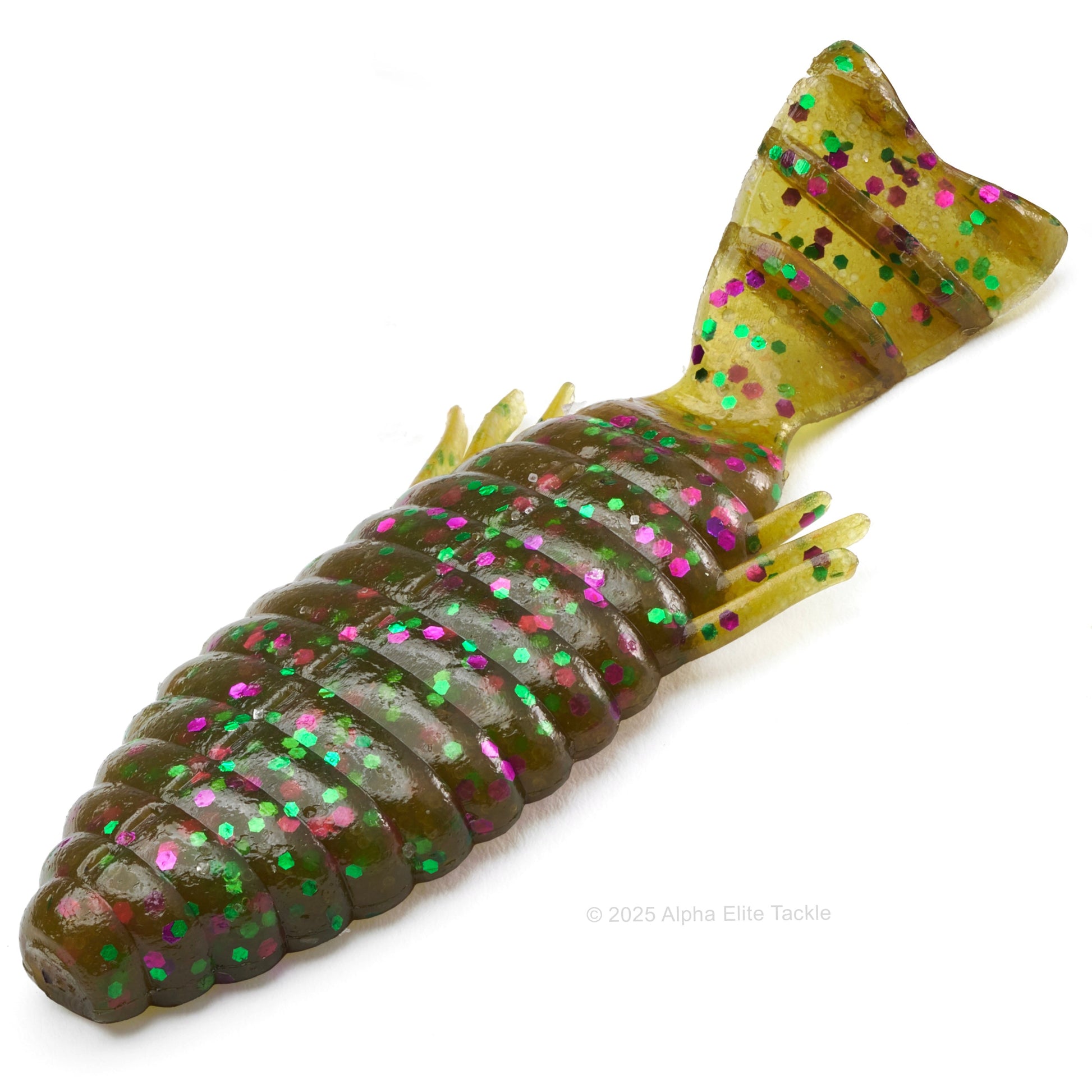 Close up of the Deps Bull Flat Creature Bait in the color Green Pumpkin with Purple and Green Flake on a white background