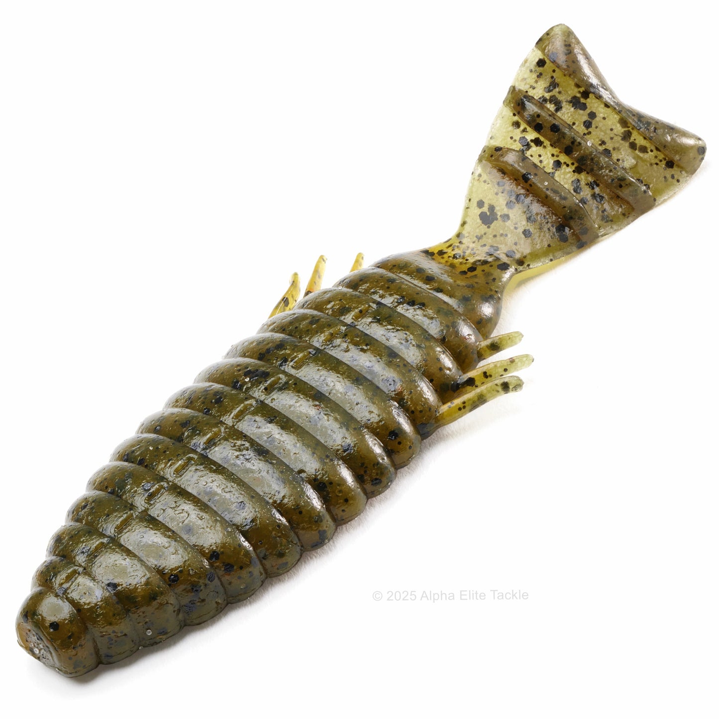 Close up of the Deps Bull Flat Creature Bait in the color Green Pumpkin on a white background