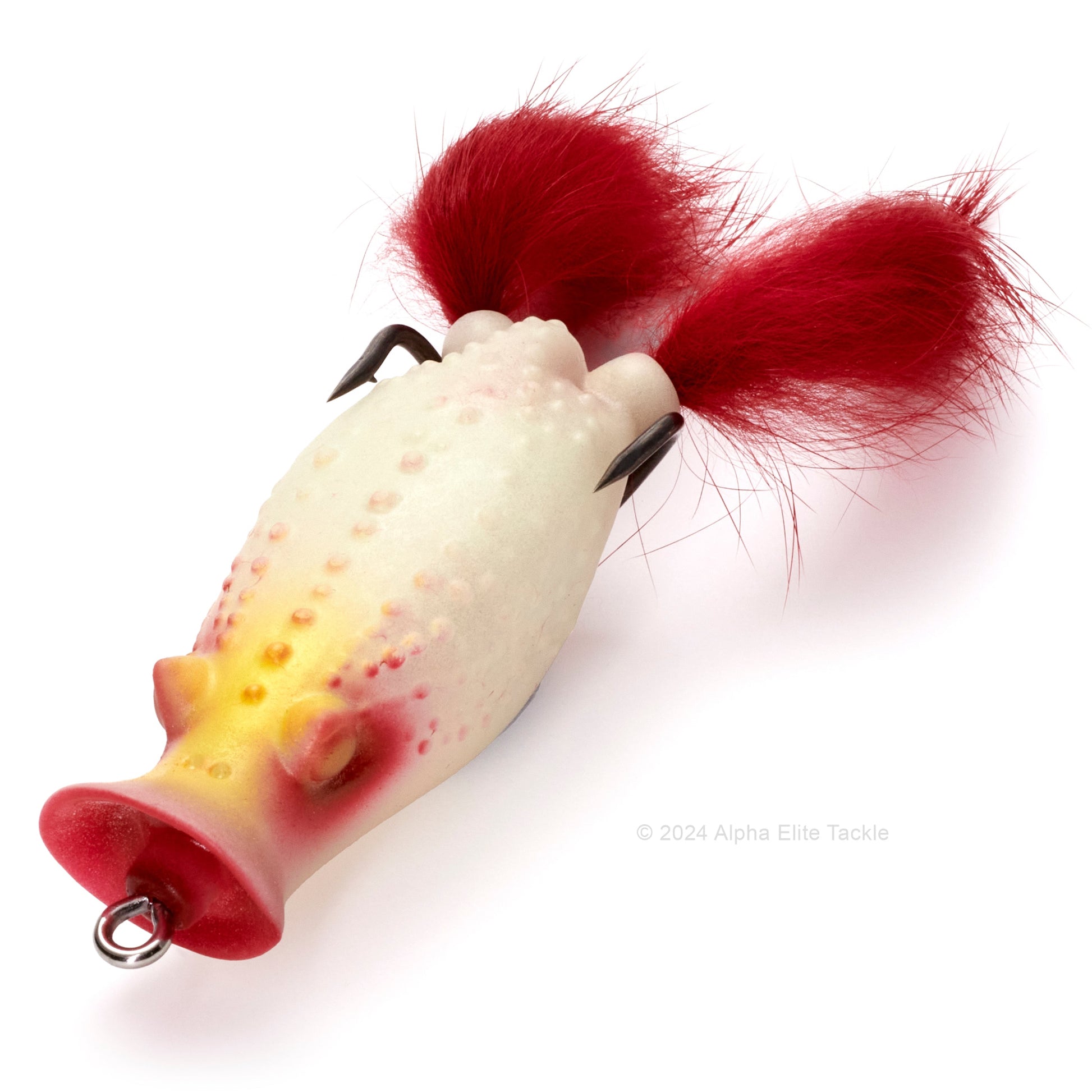 Close up of the Deps Buster K Hollow Body Popping Frog in the color Bloody Glow on white background.