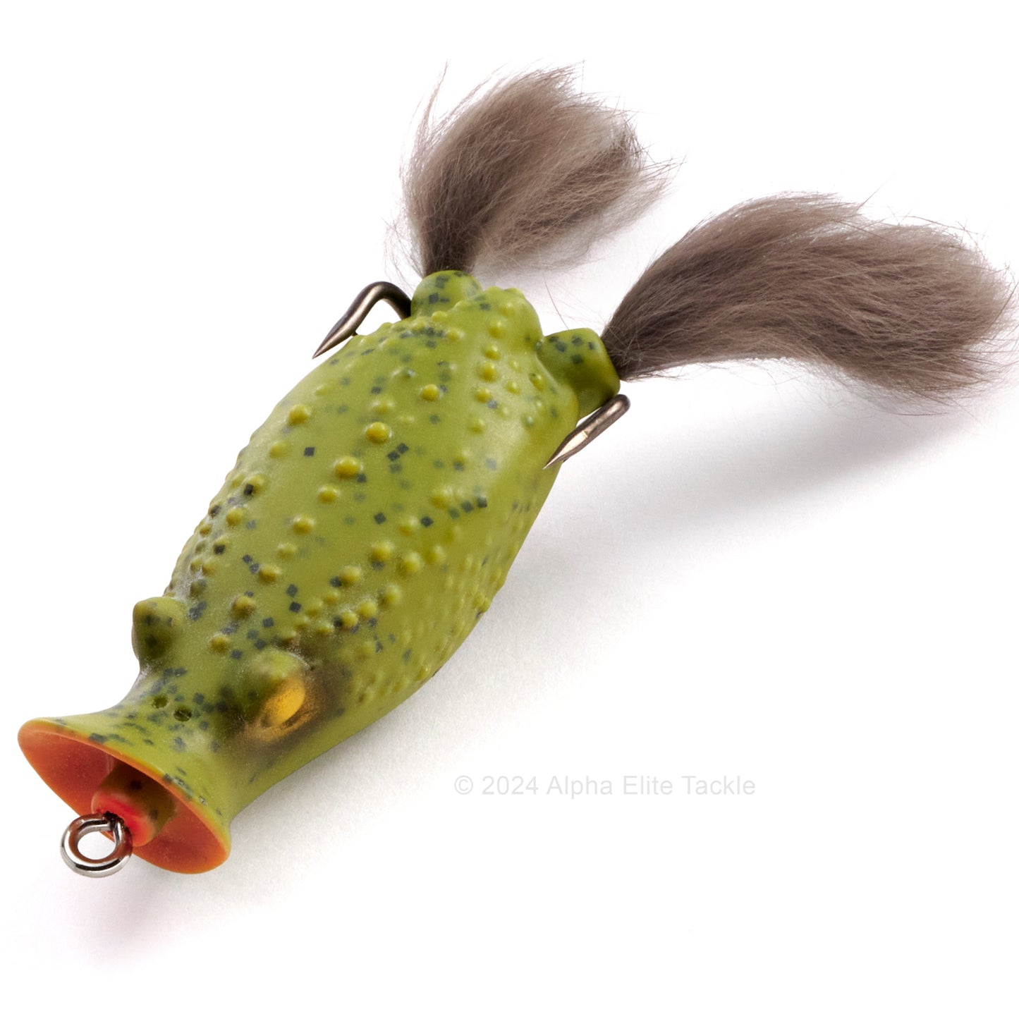 Close up of the Deps Buster K Hollow Body Popping Frog in the color Moss Green Toad on white background.