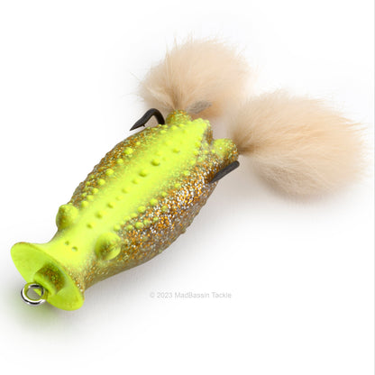 Close up of the Deps Buster K Hollow Body Popping Frog in the color Visible Shiner on white background.