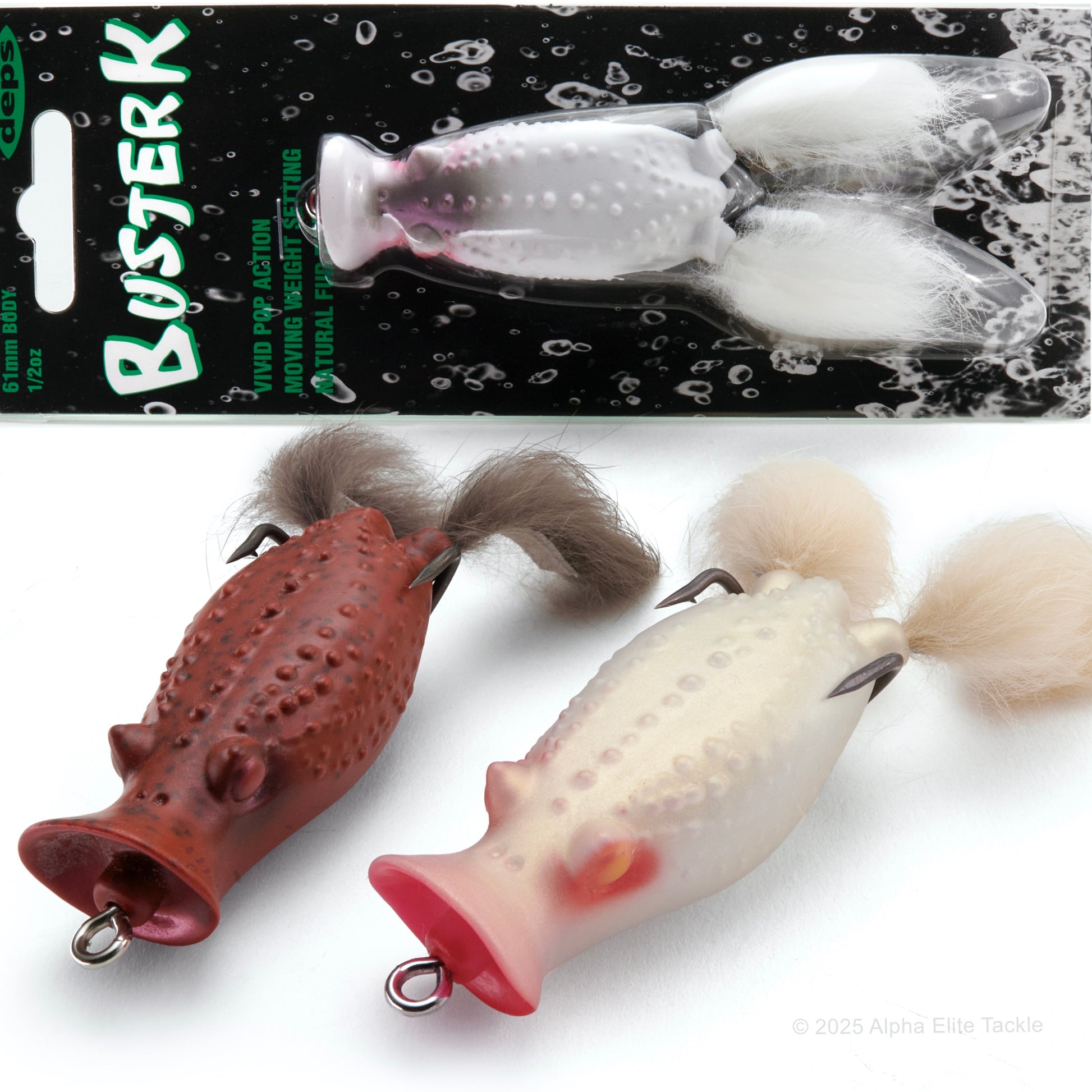 One Deps Buster K Hollow Body Popping Frog in a package and two out of package on a white background.