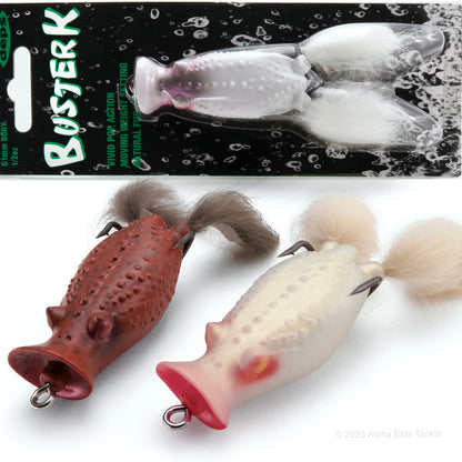 One Deps Buster K Hollow Body Popping Frog in a package and two out of package on a white background.