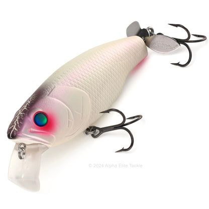 Close up of the Deps Buzzjet Wakebait Topwater fishing lure in the color Bone Crackle on a white background