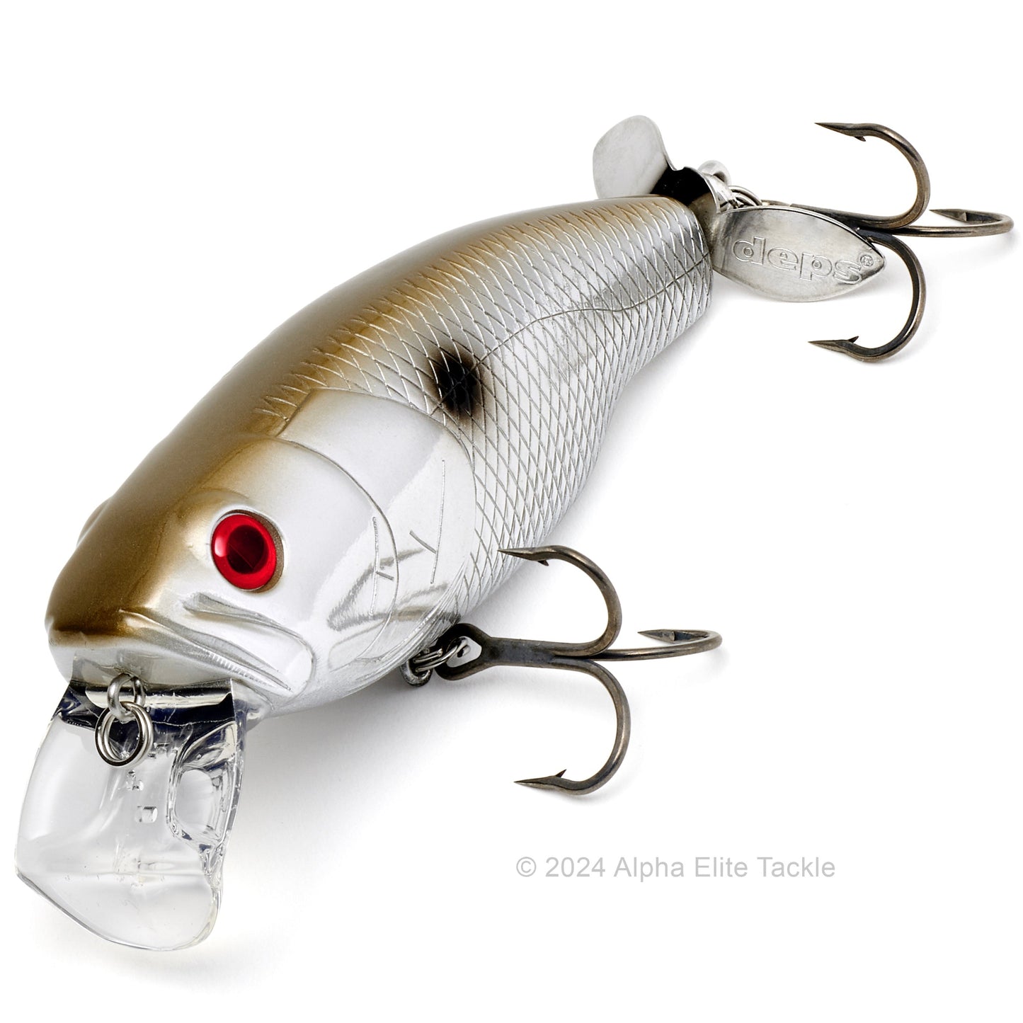 Close up of the Deps Buzzjet Wakebait Topwater fishing lure in the color Chrome Black Back on a white background