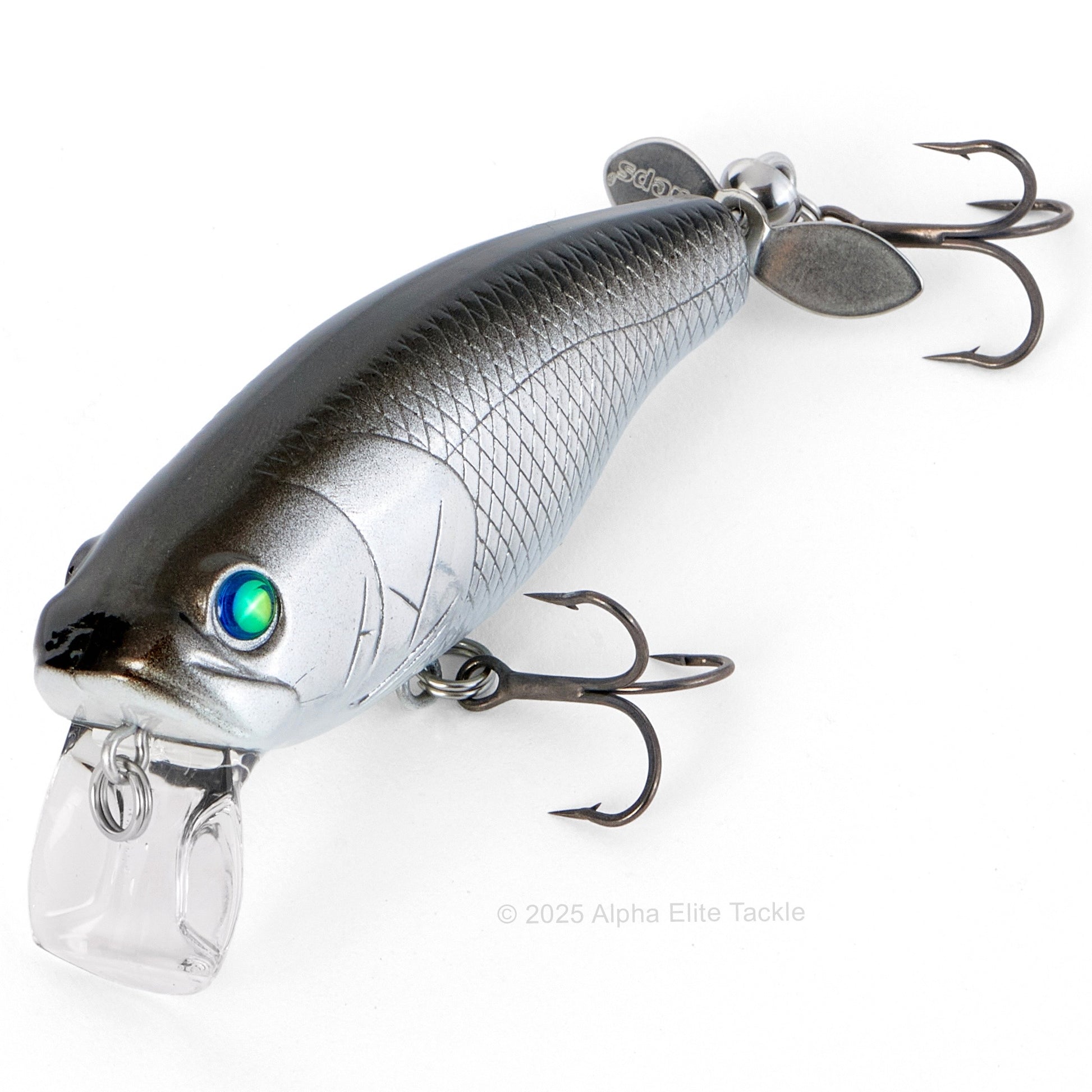 Close up of the Deps Buzzjet Wakebait Topwater fishing lure in the color Crogin on a white background