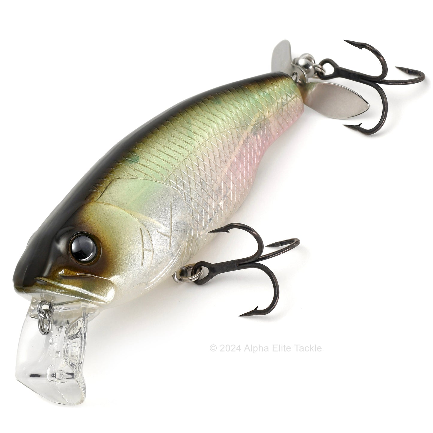 Close up of the Deps Buzzjet Wakebait Topwater fishing lure in the color Ghost Keta Hasu on a white background