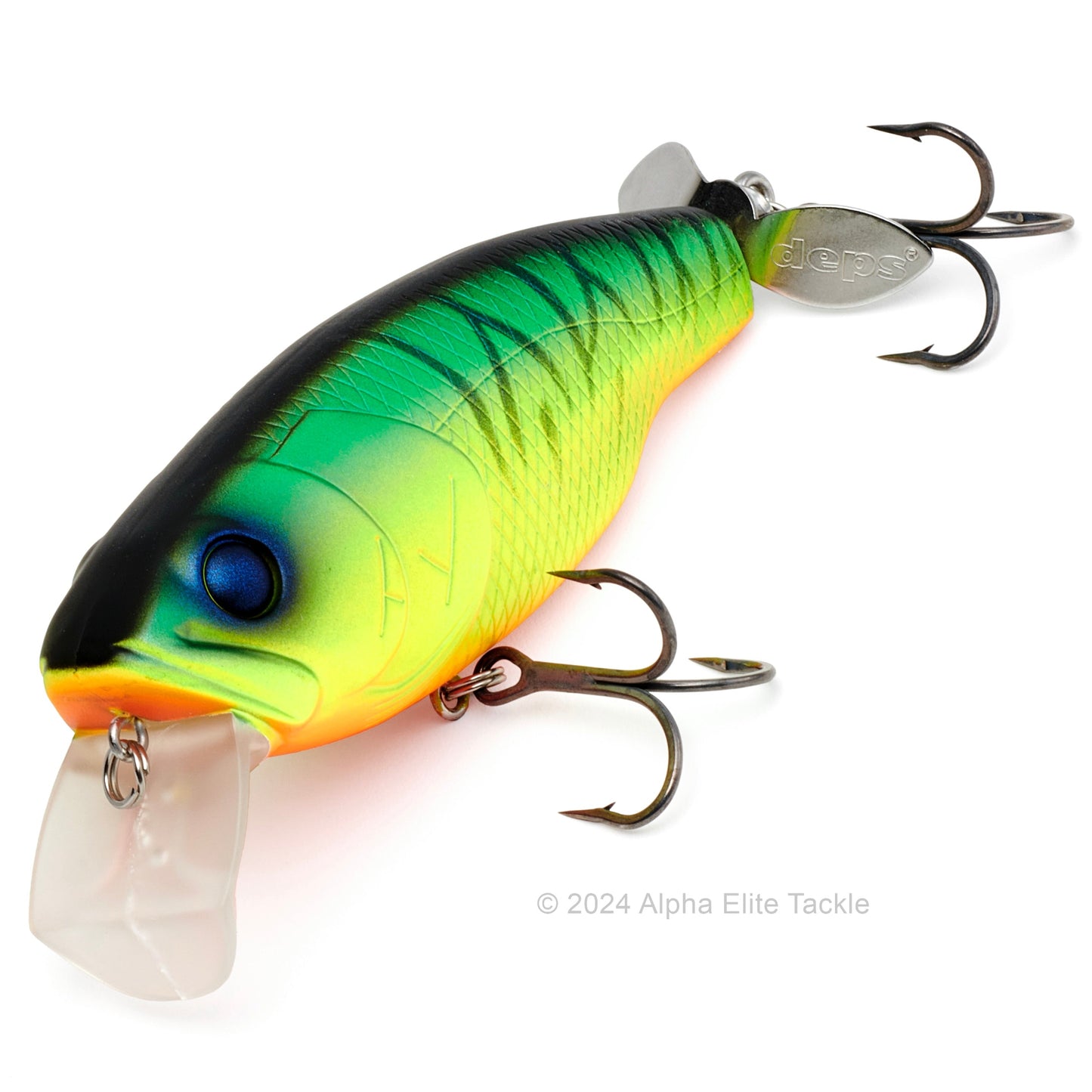 Close up of the Deps Buzzjet Wakebait Topwater fishing lure in the color Hot Tiger on a white background