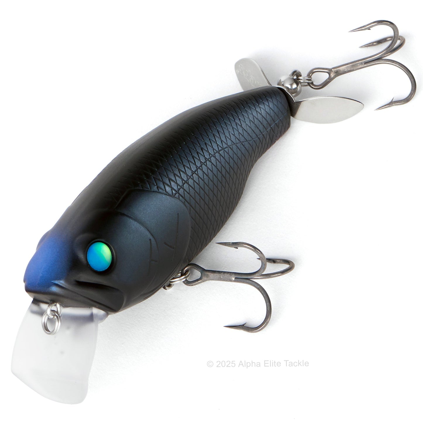 Close up of the Deps Buzzjet Wakebait Topwater fishing lure in the color Jet Black on a white background