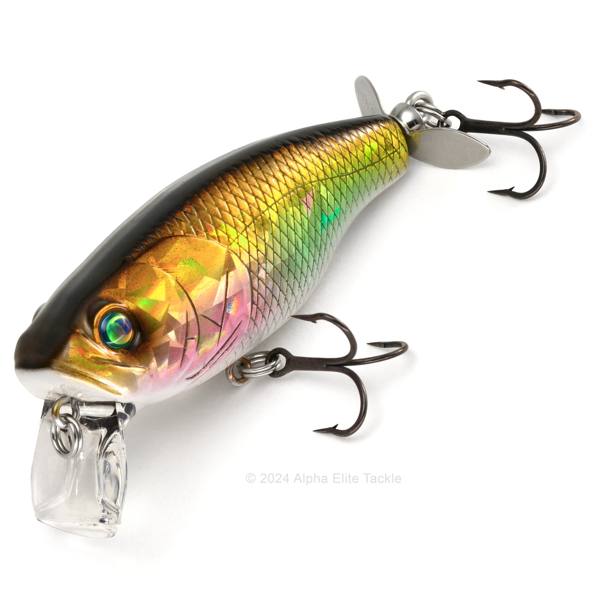 Close up of the Deps Buzzjet Wakebait Topwater fishing lure in the color Mossback Shiner on a white background