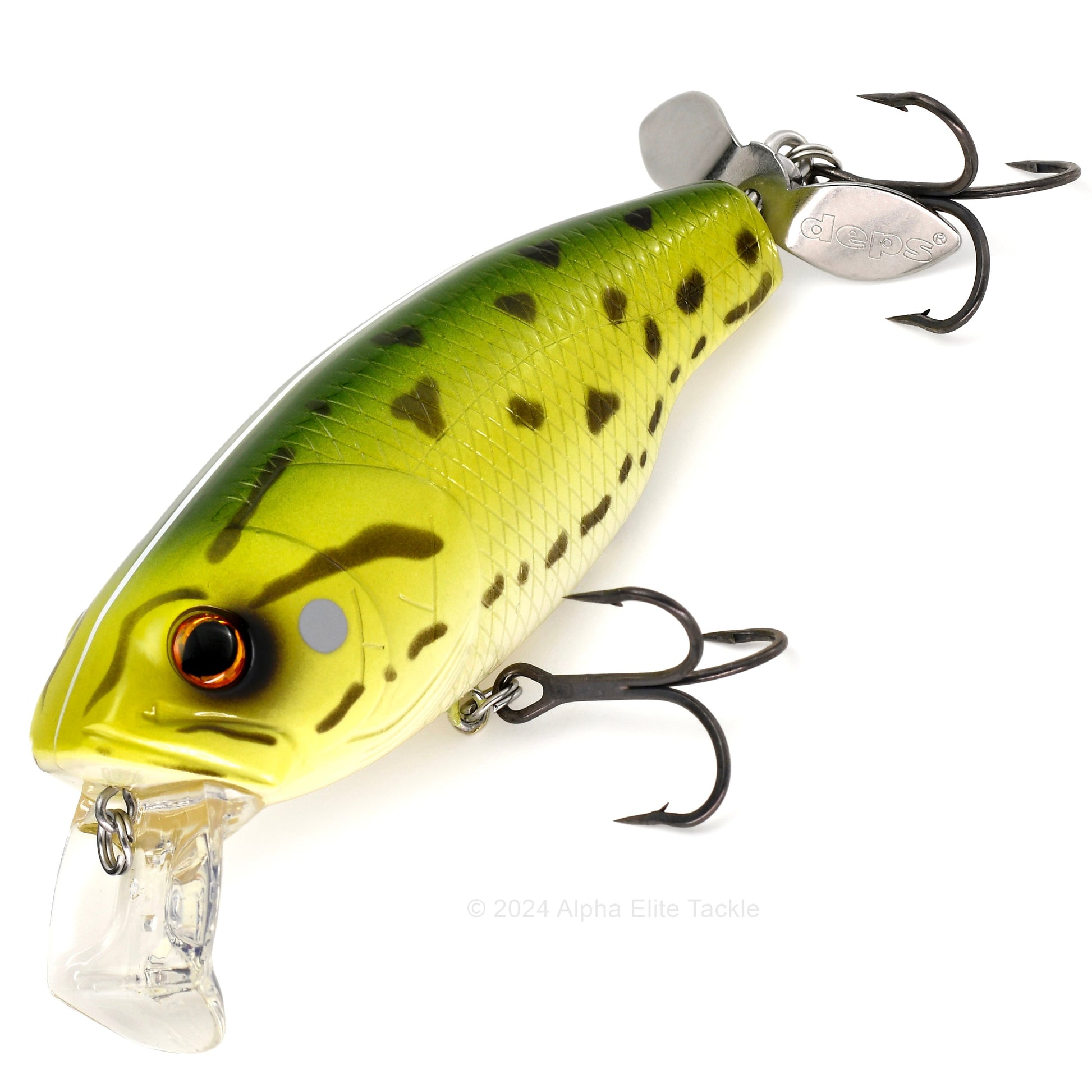 Close up of the Deps Buzzjet Wakebait Topwater fishing lure in the color Pond Frog on a white background