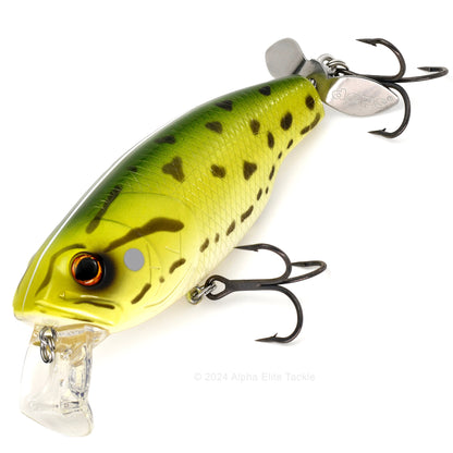 Close up of the Deps Buzzjet Wakebait Topwater fishing lure in the color Pond Frog on a white background