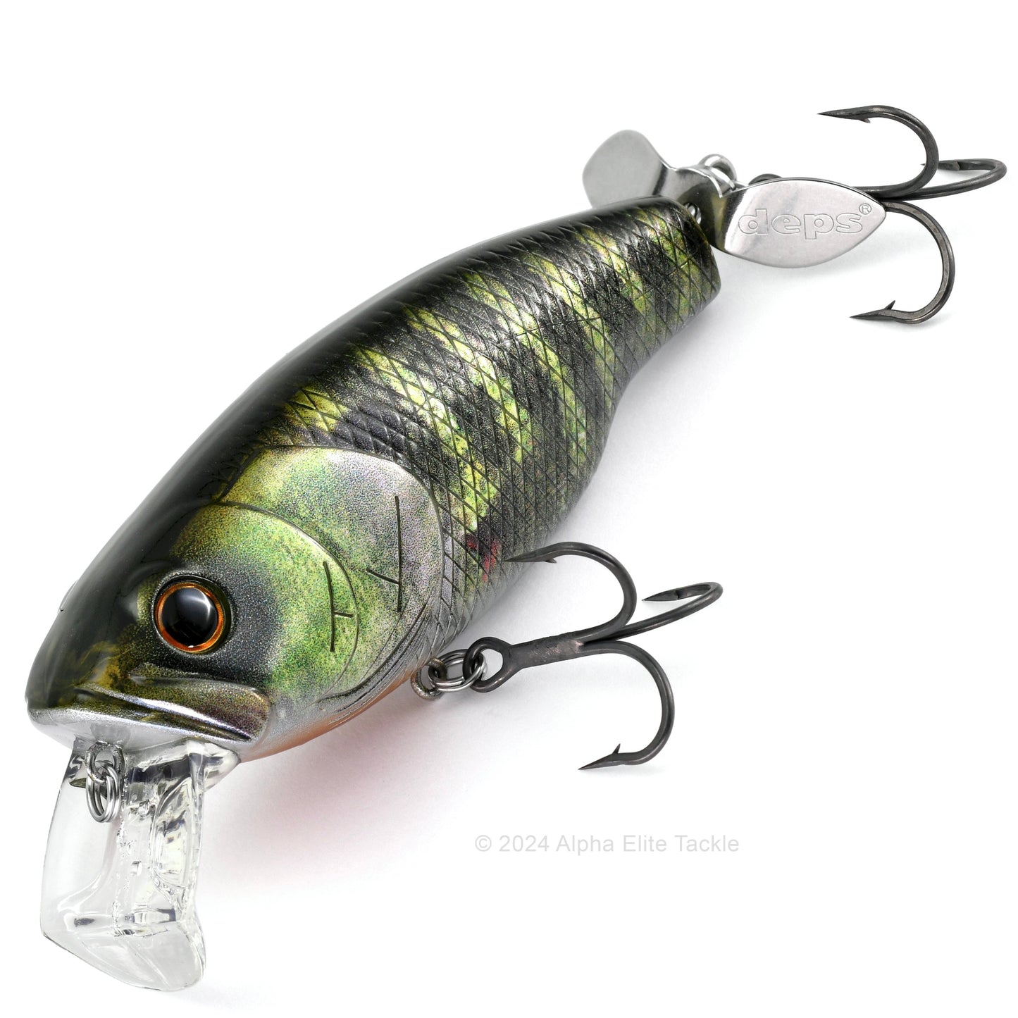 Close up of the Deps Buzzjet Wakebait Topwater fishing lure in the color RF Bluegill on a white background