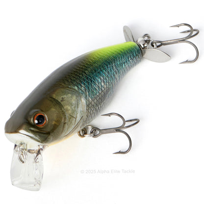 Close up of the Deps Buzzjet Wakebait Topwater fishing lure in the color Real Keta Hasu on a white background