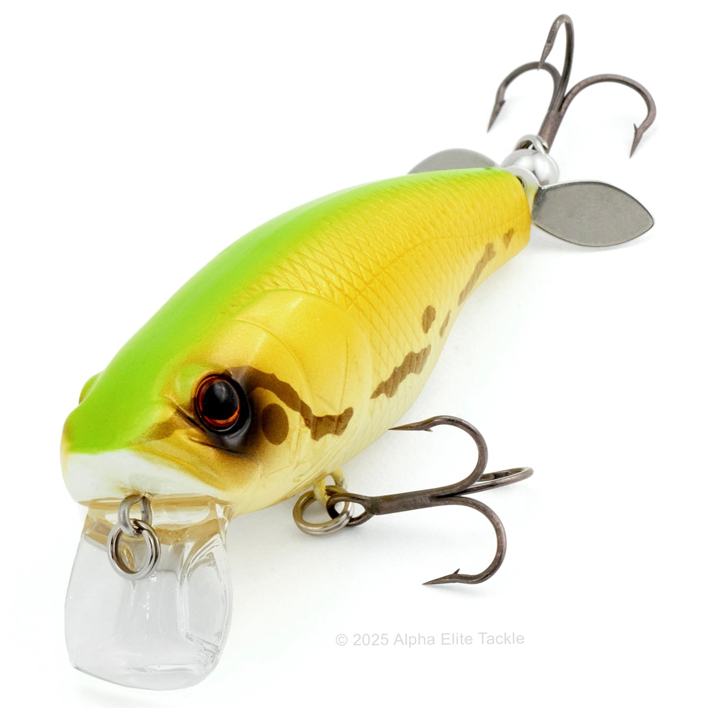 Close up of the Deps Buzzjet Wakebait Topwater fishing lure in the color Tree Frog on a white background
