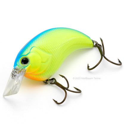 Deps Evoke 1.2 Squarebill Crankbait in the color blue back chartreuse on a white background