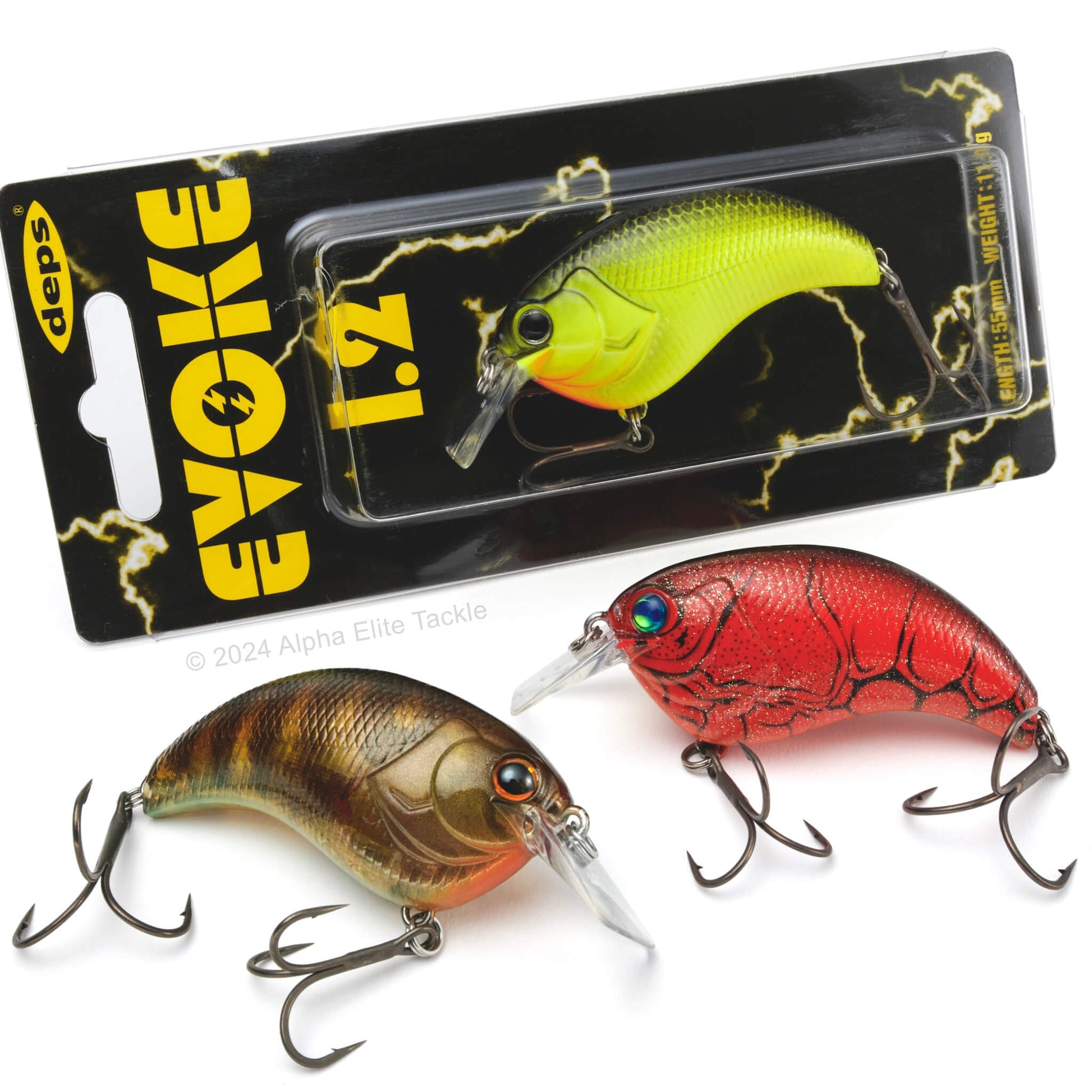 three Deps Evoke 1.2 Squarebill Crankbaits on a white background