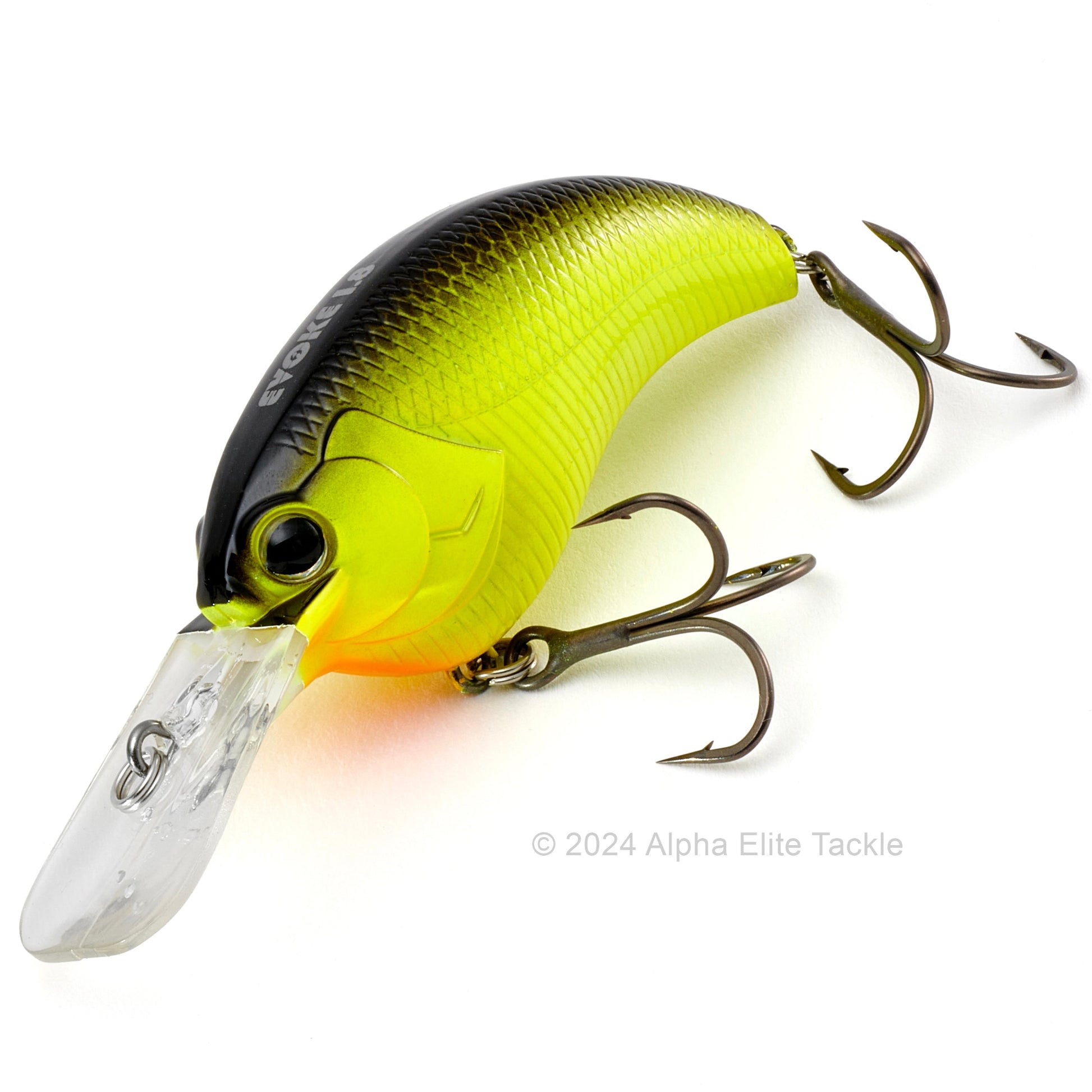 Close up of the Deps Evoke 1.8 Squarebill Crankbait fishing lure in the color Black Back Chartreuse on a white background