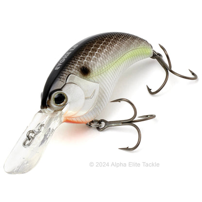 Close up of the Deps Evoke 1.8 Squarebill Crankbait fishing lure in the color Black Back Shad on a white background