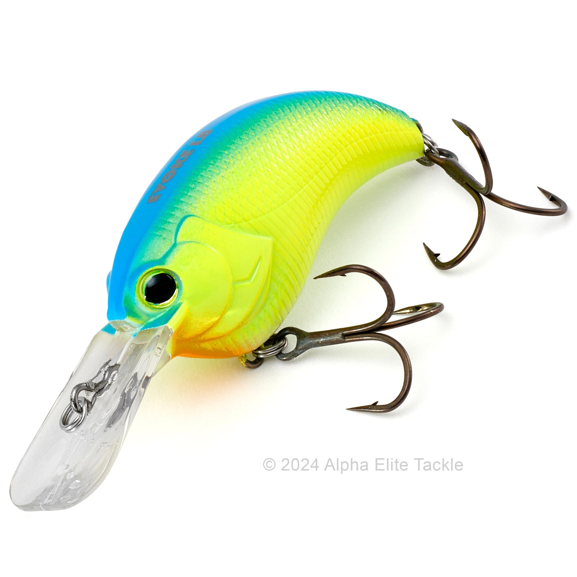 Close up of the Deps Evoke 1.8 Squarebill Crankbait fishing lure in the color Blue Back Chartreuse on a white background
