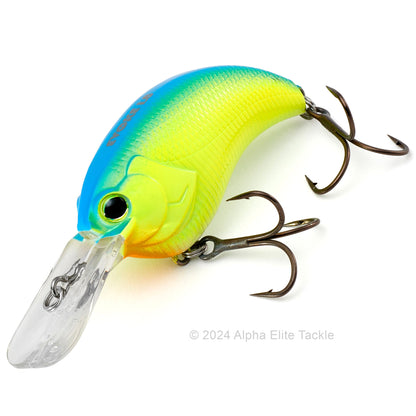 Close up of the Deps Evoke 1.8 Squarebill Crankbait fishing lure in the color Blue Back Chartreuse on a white background
