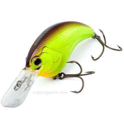 Close up of the Deps Evoke 1.8 Squarebill Crankbait fishing lure in the color Brown Back Chartreuse on a white background