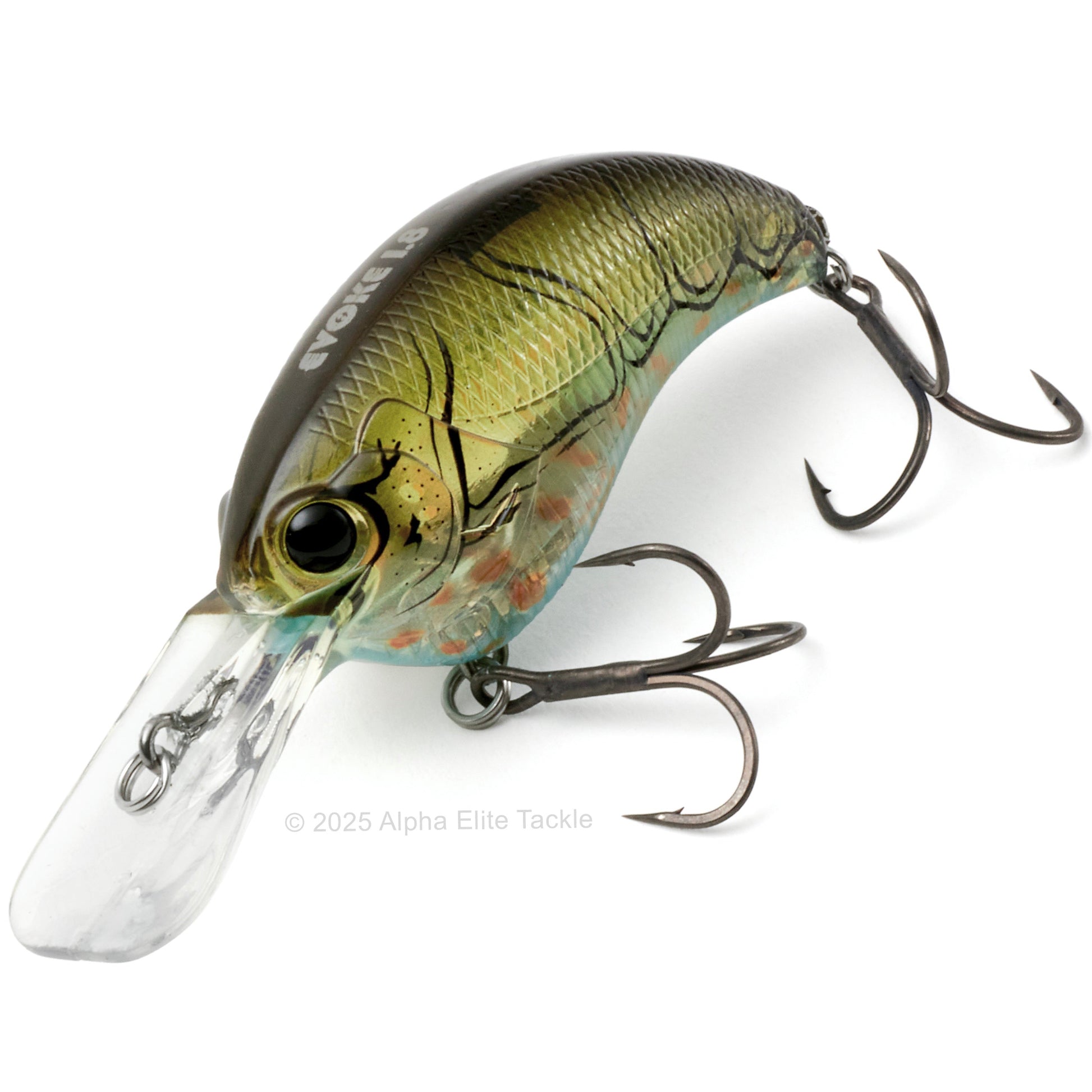 Close up of the Deps Evoke 1.8 Squarebill Crankbait fishing lure in the color Olive craw on a white background