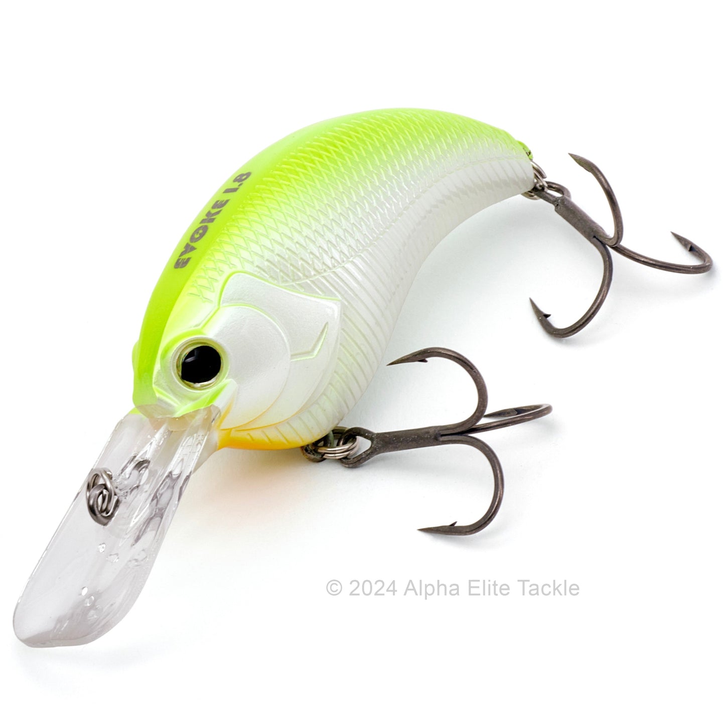 Close up of the Deps Evoke 1.8 Squarebill Crankbait fishing lure in the color Pearl Chart Shad on a white background