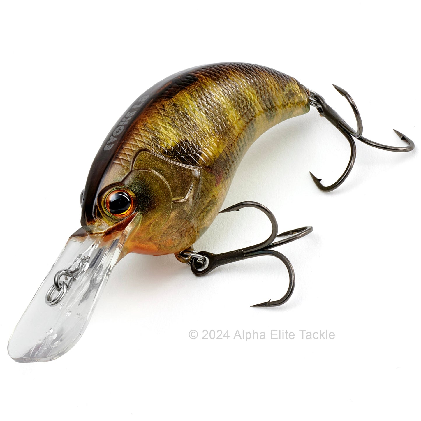 Close up of the Deps Evoke 1.8 Squarebill Crankbait fishing lure in the color Pond Gill on a white background