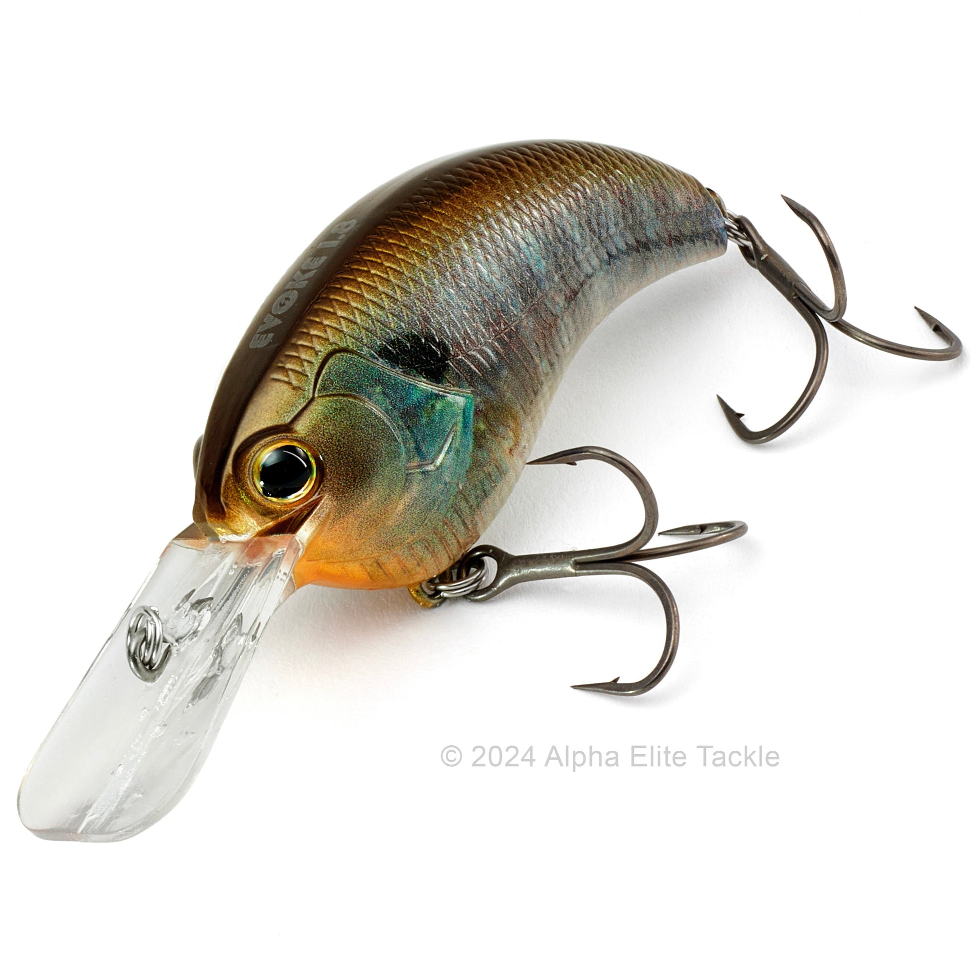 Close up of the Deps Evoke 1.8 Squarebill Crankbait fishing lure in the color Real Bluegill on a white background
