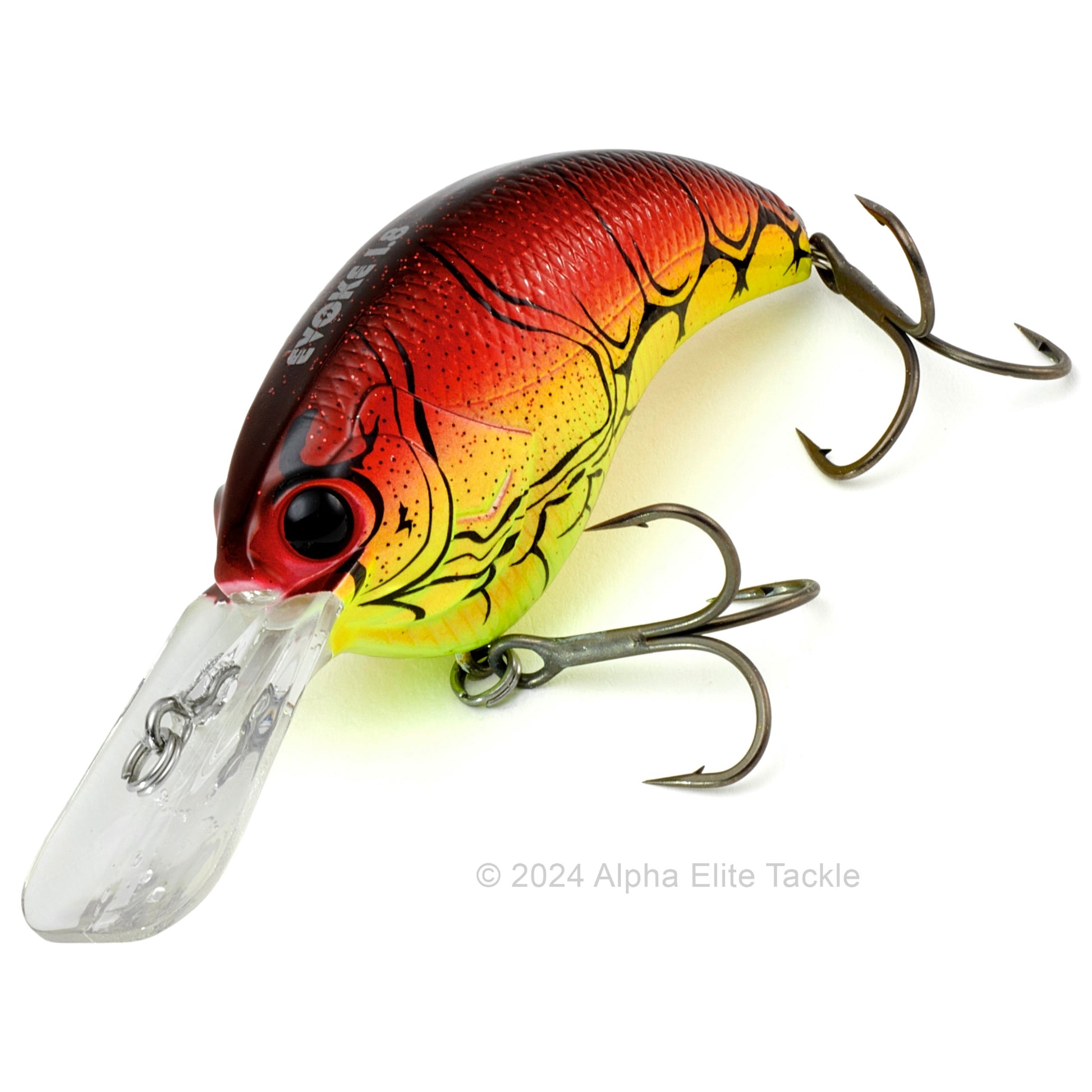 Close up of the Deps Evoke 1.8 Squarebill Crankbait fishing lure in the colorRed craw chart belly on a white background