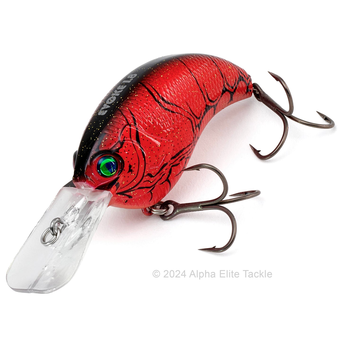 Close up of the Deps Evoke 1.8 Squarebill Crankbait fishing lure in the color Red craw on a white background