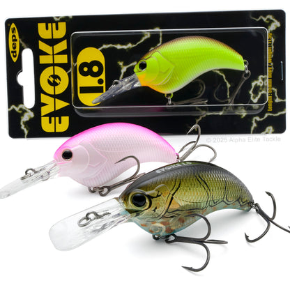 Close up of three Deps Evoke 1.8 Squarebill Crankbait fishing lures in the on a white background