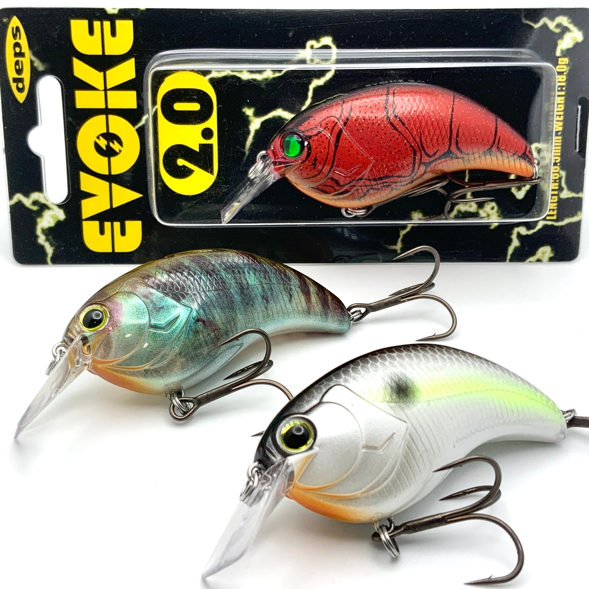 Three Deps Evoke 2.0 Squarebill Crankbaits on a white background