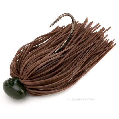Close up of the Deps Hyper Football Jig in the color Brown on a white background.