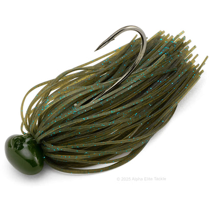 Close up of the Deps Hyper Football Jig in the color Green Pumpkin Blue Flake on a white background.