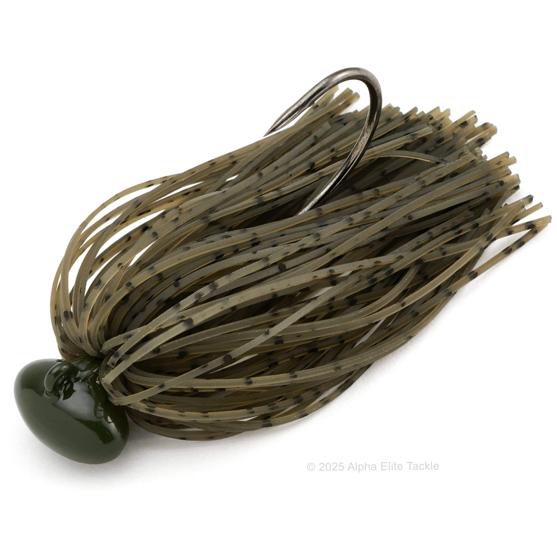 Close up of the Deps Hyper Football Jig in the color Green Pumpkin Seed on a white background.