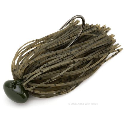 Close up of the Deps Hyper Football Jig in the color Green Pumpkin Seed on a white background.