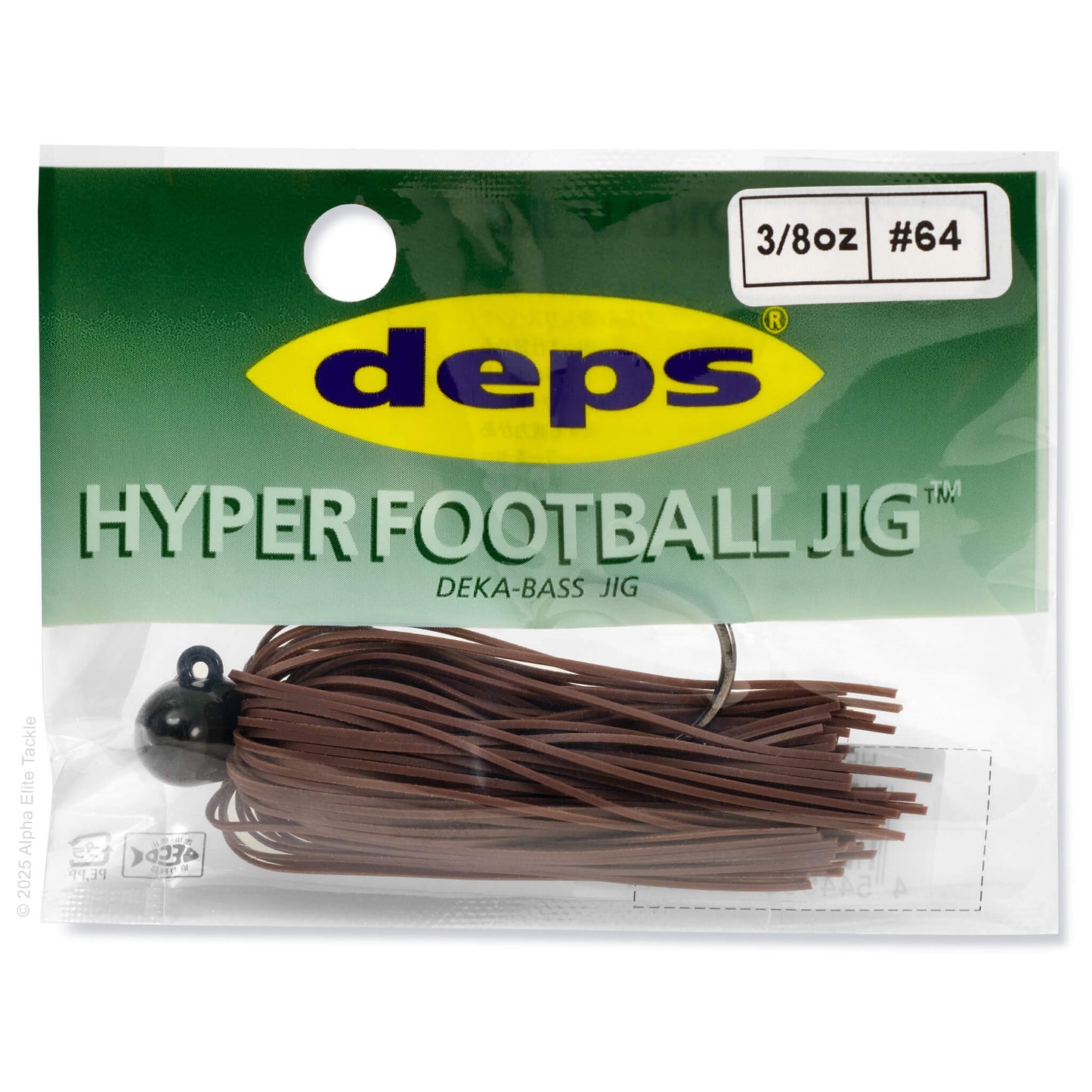 Dep's Hyper Football Jig packaging with brown jig and black sinker on a green and white background
