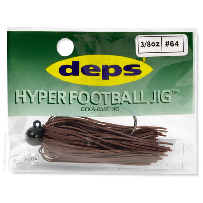 Dep's Hyper Football Jig packaging with brown jig and black sinker on a green and white background