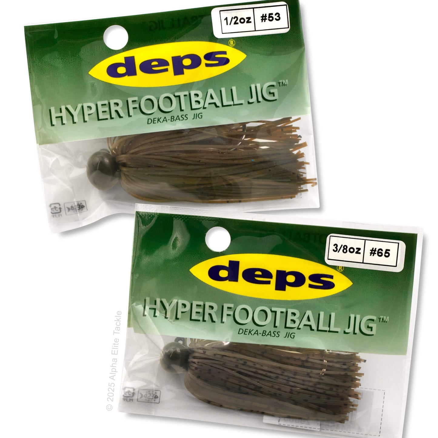 Two packages of Deps Hyper Football Jig on a white background
