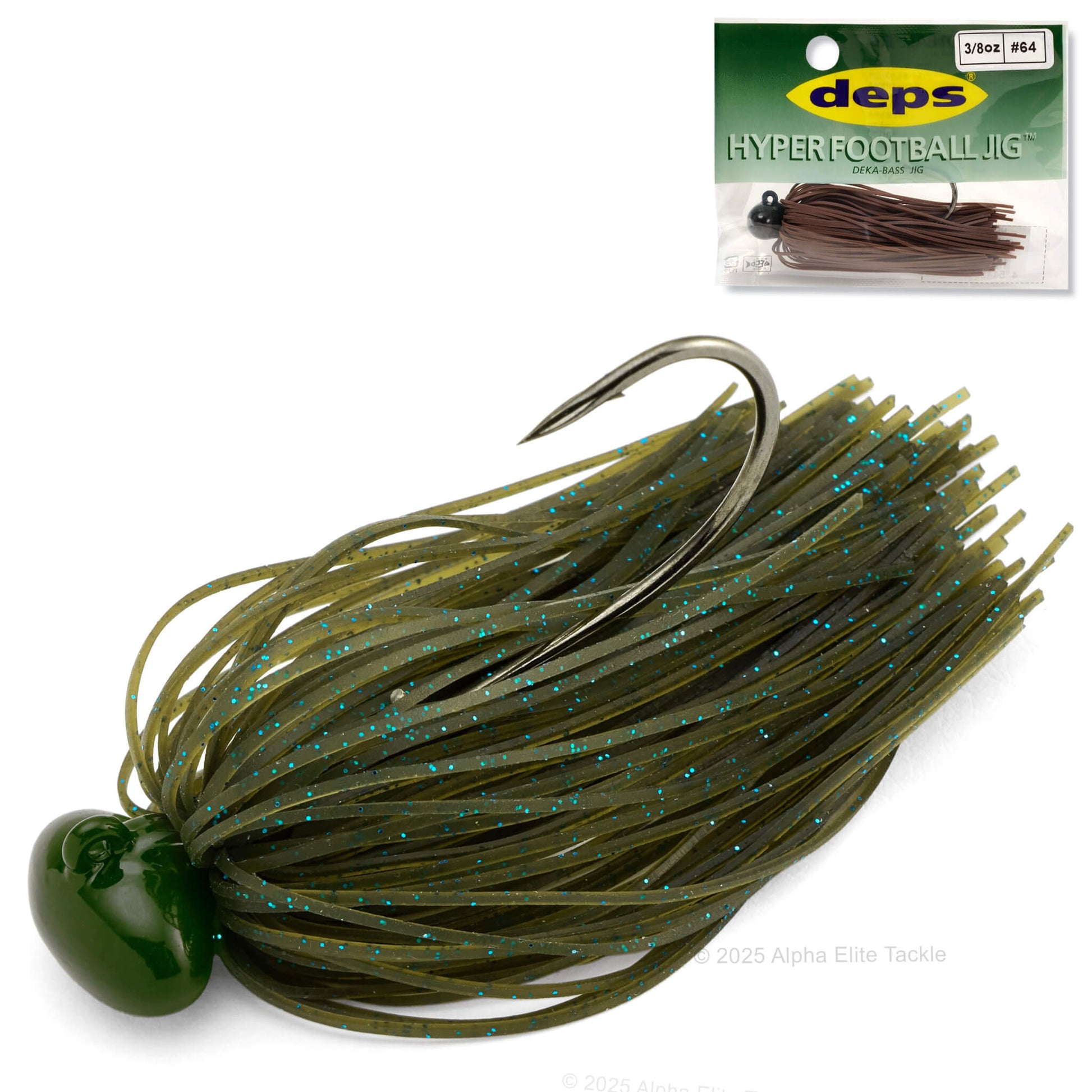 Fishing lure with packaging labeled 'deps HyperFootball Jig' on a white background