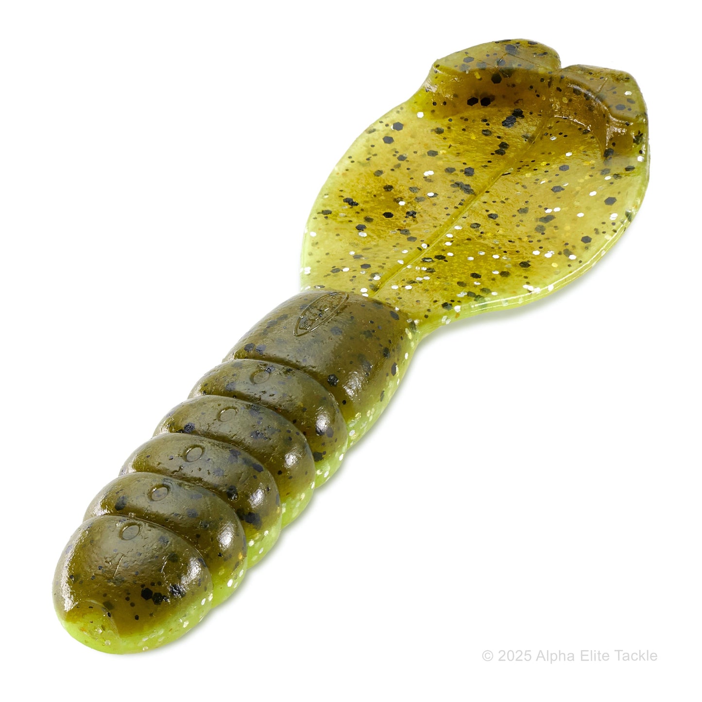 Deps Lil Rabbit Craw soft plastic bait in the color Green Pumpkin Chartreuse on a white background
